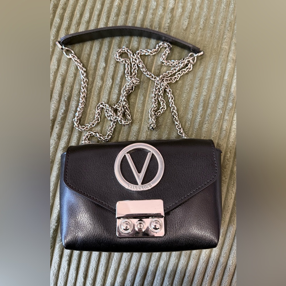 Valentino Black Leather Crossbody with Silver Chain